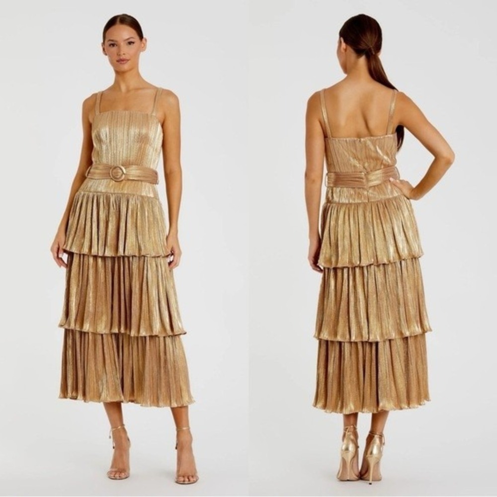 Mac Duggal 27062 Womens 6 Gold Ruffle Tier Tea-Length Metallic Party Dress NWT